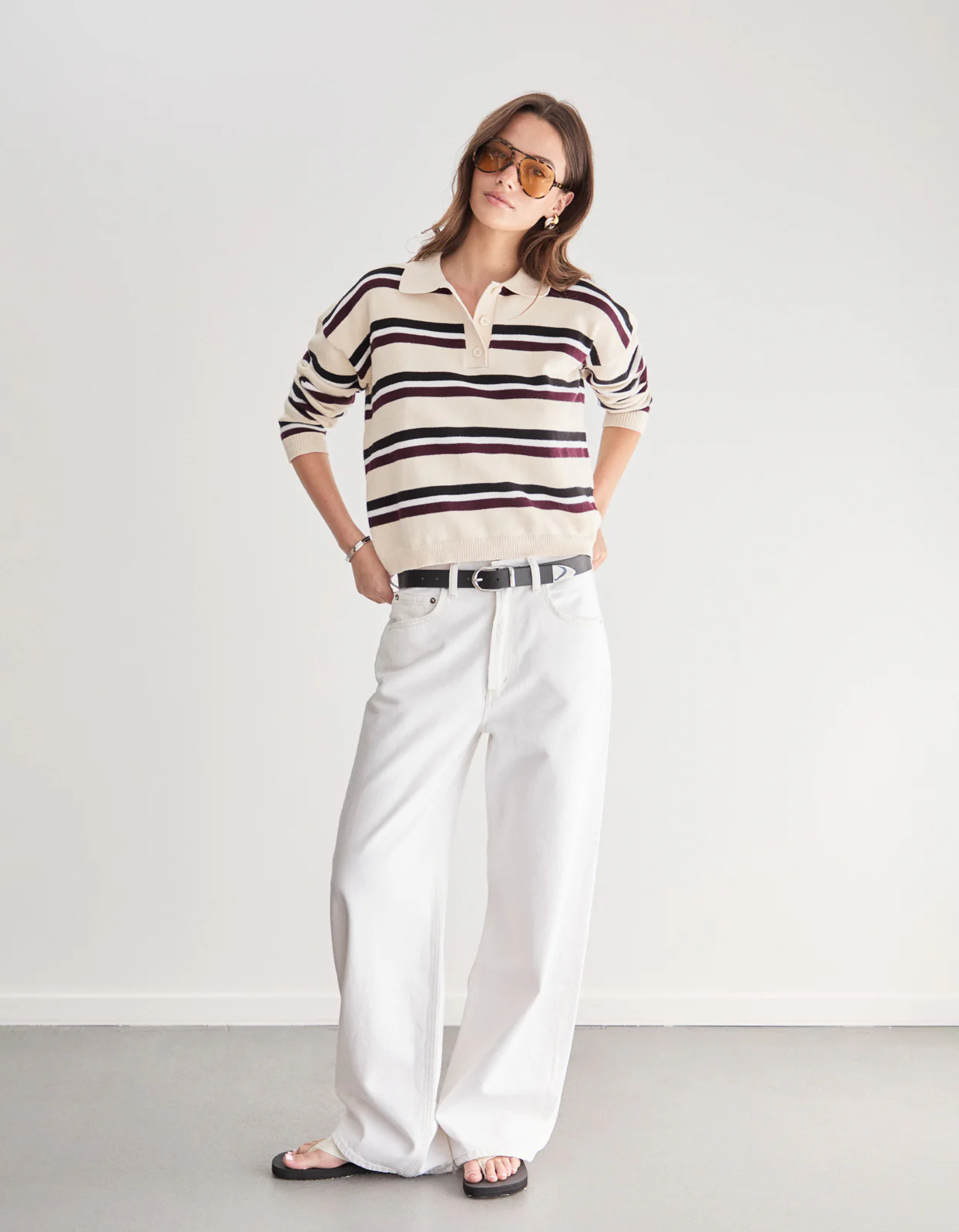 Hannah Knit Polo Jumper - Ivory Stripe - Image 3