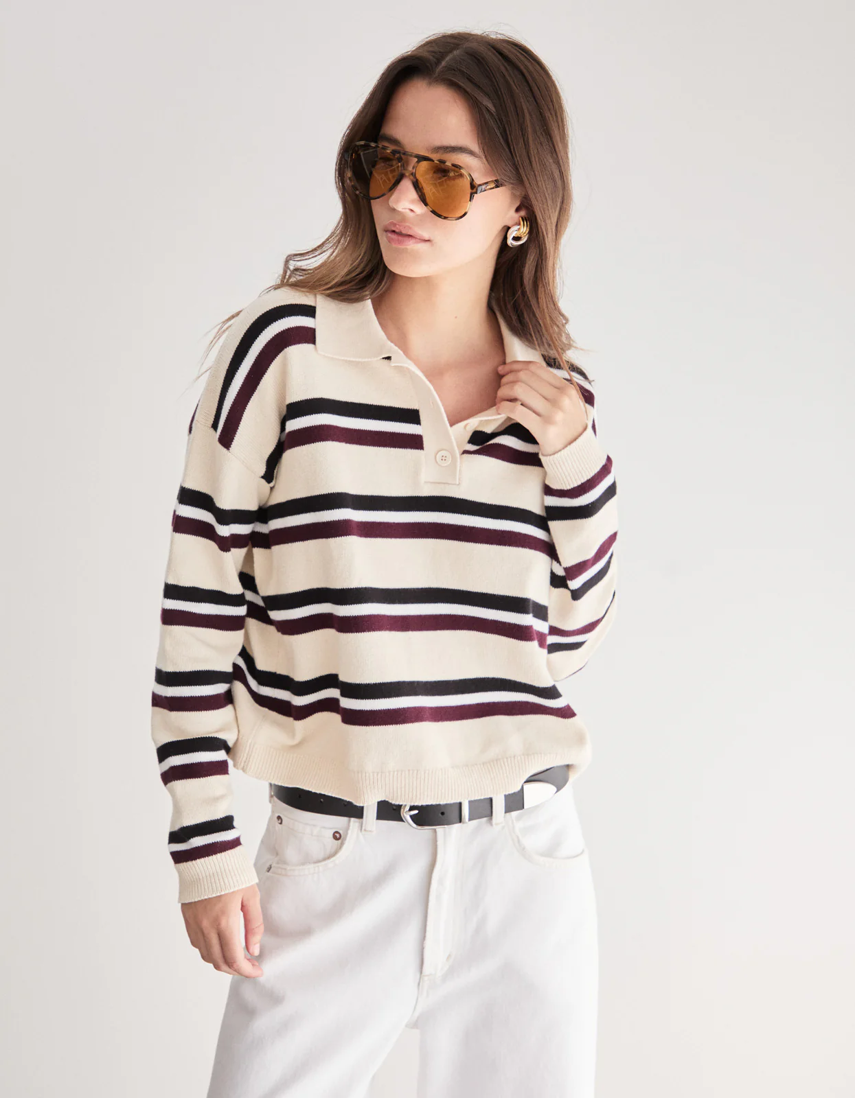 Hannah Knit Polo Jumper - Ivory Stripe - Image 6